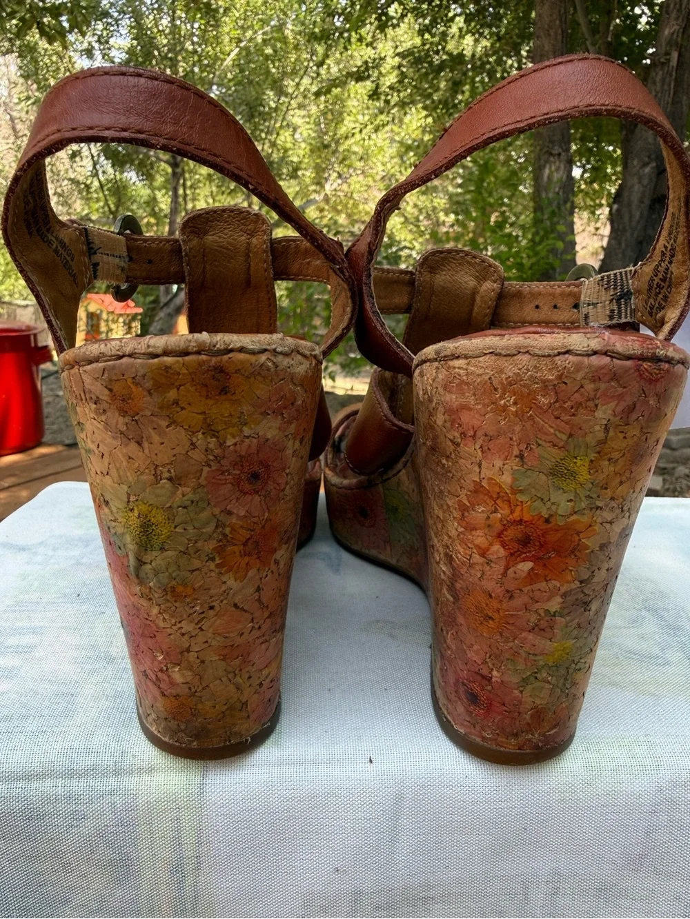 Born Leather Strappy Floral Cork Wedge Sandals